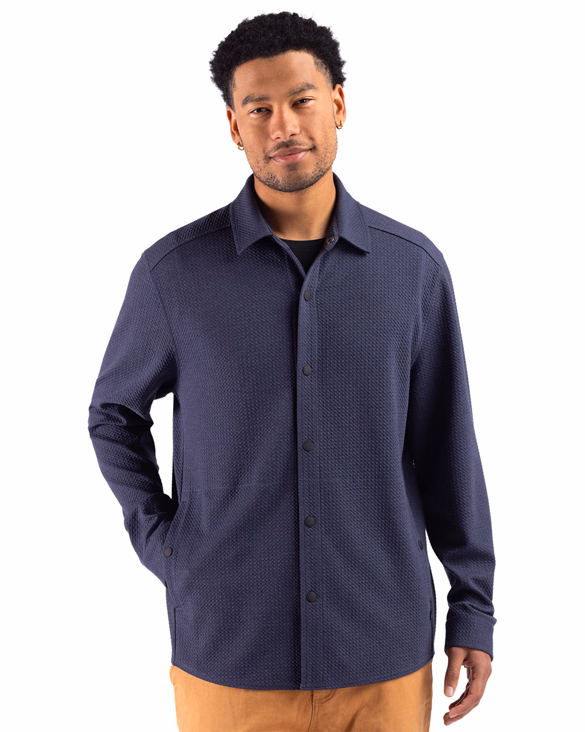 Custom Cutter & Buck Drift Textured Knit Recycled Mens Shirt Jacket — Navy Blue front