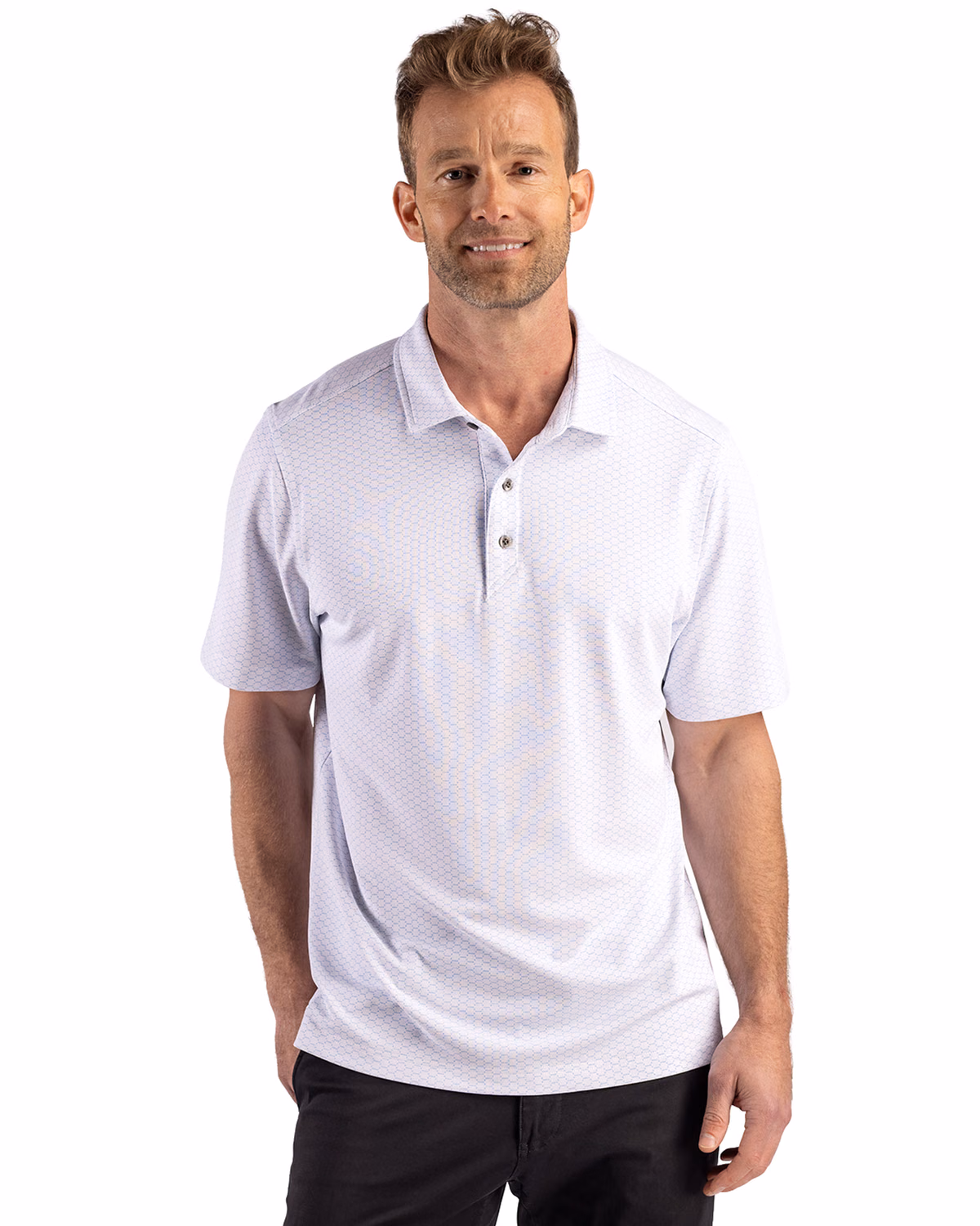Custom Cutter & Buck Virtue Recycled Hex Print Featherlight Pique Mens Polo