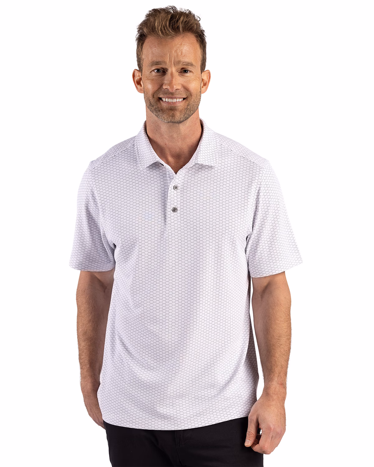 Custom Cutter & Buck Virtue Recycled Hex Print Featherlight Pique Mens Polo — Black front