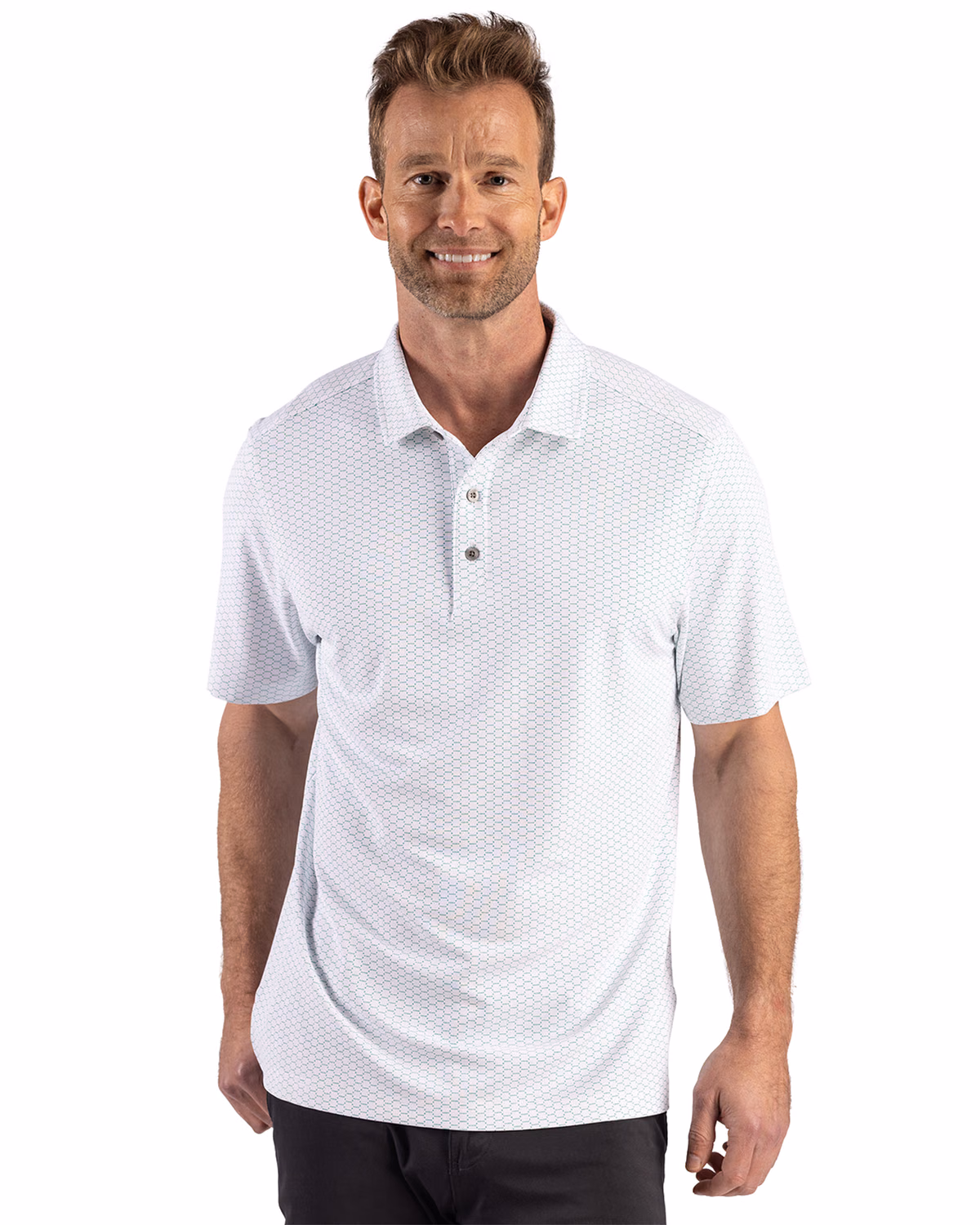 Custom Cutter & Buck Virtue Recycled Hex Print Featherlight Pique Mens Polo — Kelly Green front
