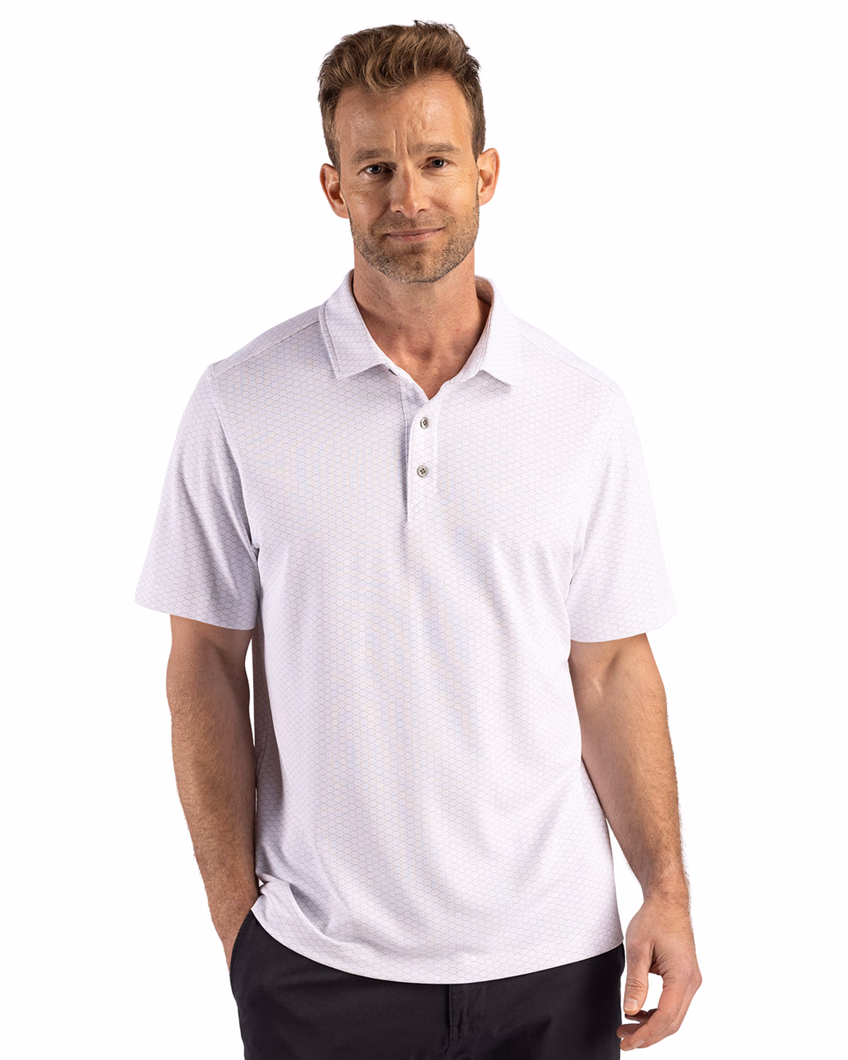 Custom Cutter & Buck Virtue Recycled Hex Print Featherlight Pique Mens Polo — Polished front