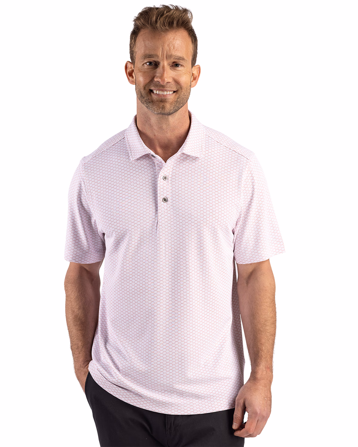 Custom Cutter & Buck Virtue Recycled Hex Print Featherlight Pique Mens Polo — Red front