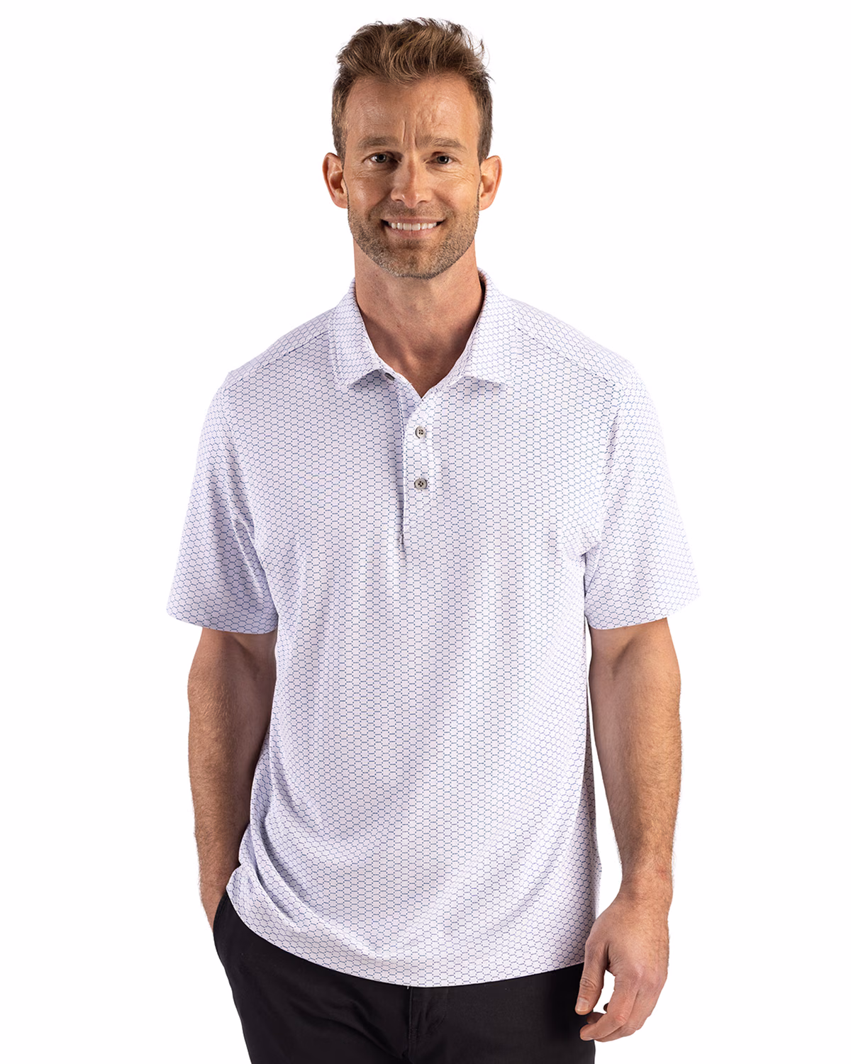 Custom Cutter & Buck Virtue Recycled Hex Print Featherlight Pique Mens Polo — Tour Blue front