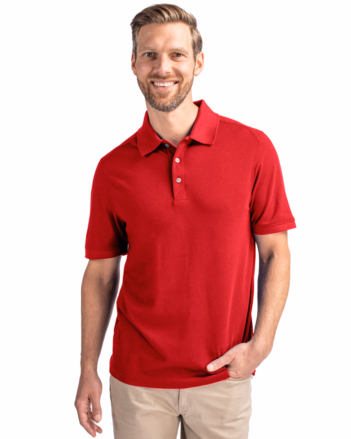 Custom Cutter & Buck Advantage Recycled Cotton-Blend Pique Mens Polo — Cardinal Red front