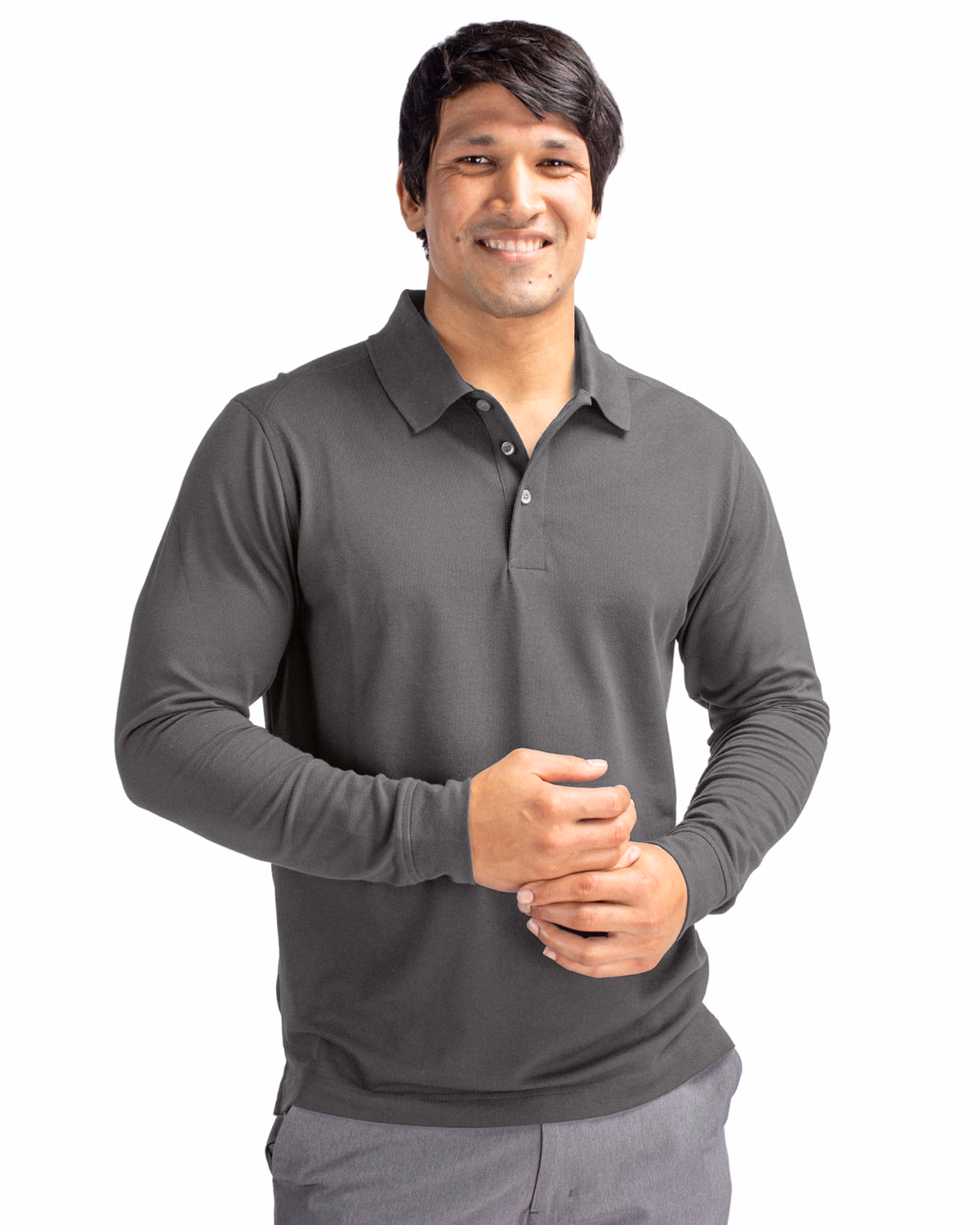 Custom Cutter & Buck Advantage Recycled Cotton-Blend Pique Mens Long Sleeve Polo — Elemental Grey front