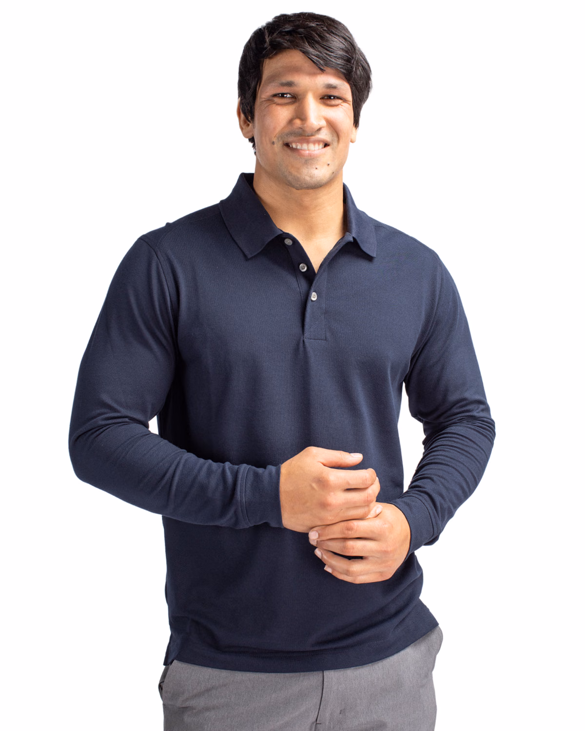 Custom Cutter & Buck Advantage Recycled Cotton-Blend Pique Mens Long Sleeve Polo — Liberty Navy front