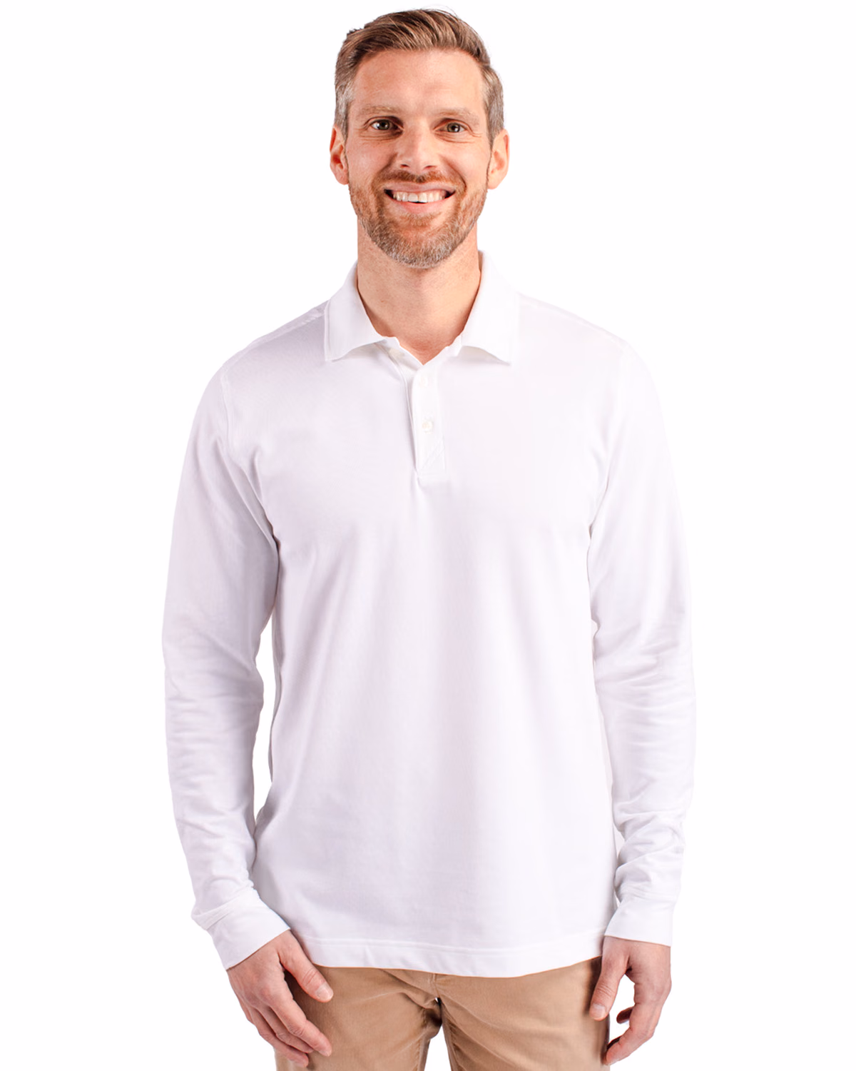 Custom Cutter & Buck Advantage Recycled Cotton-Blend Pique Mens Long Sleeve Polo — White front