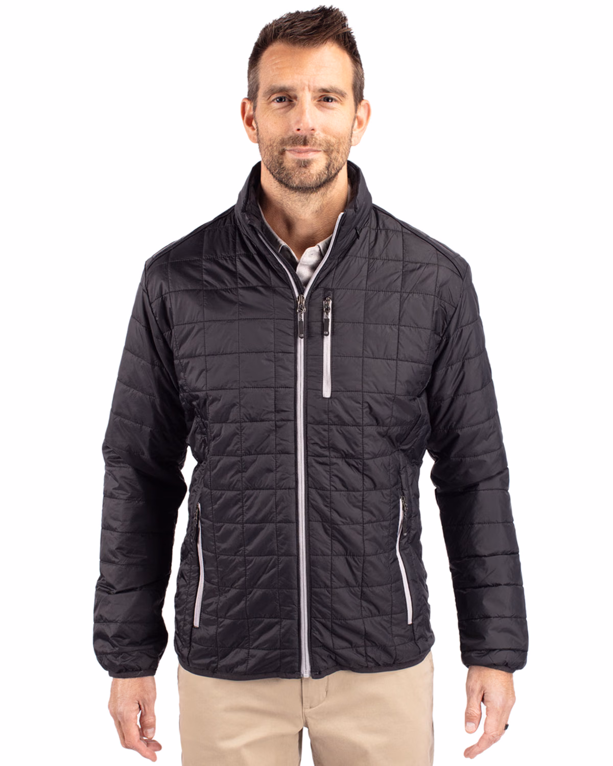 Custom Cutter & Buck Rainier Recycled Insulated Puffer Mens Full Zip Jacket — Black front