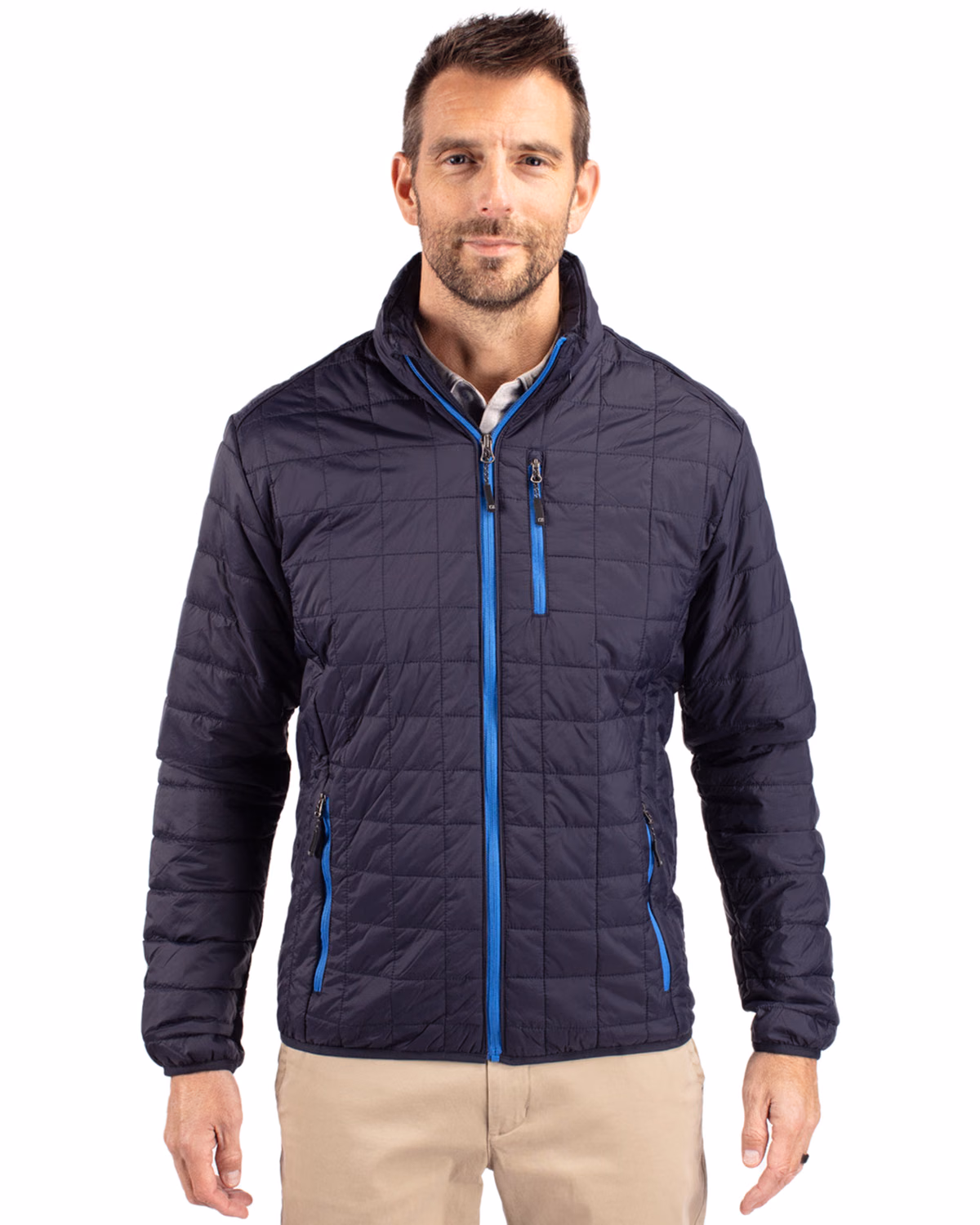 Custom Cutter & Buck Rainier Recycled Insulated Puffer Mens Full Zip Jacket — Dark Navy front