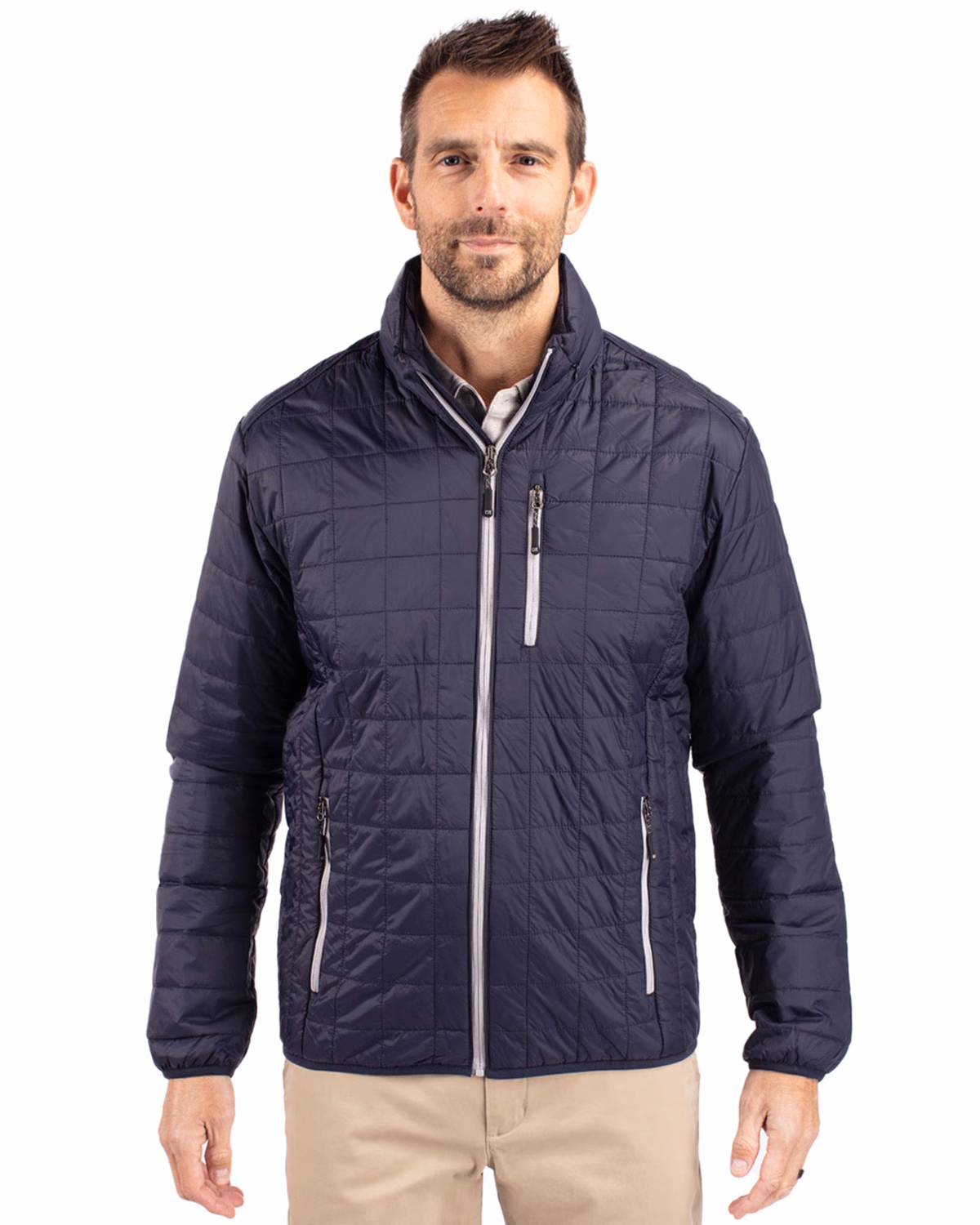 Custom Cutter & Buck Rainier Recycled Insulated Puffer Mens Full Zip Jacket — Dark Navy/Silver front