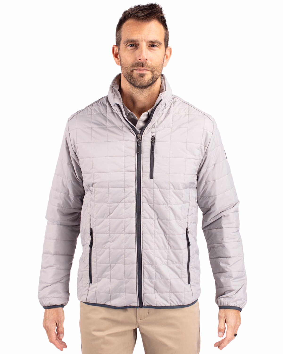 Custom Cutter & Buck Rainier Recycled Insulated Puffer Mens Full Zip Jacket — Polished front