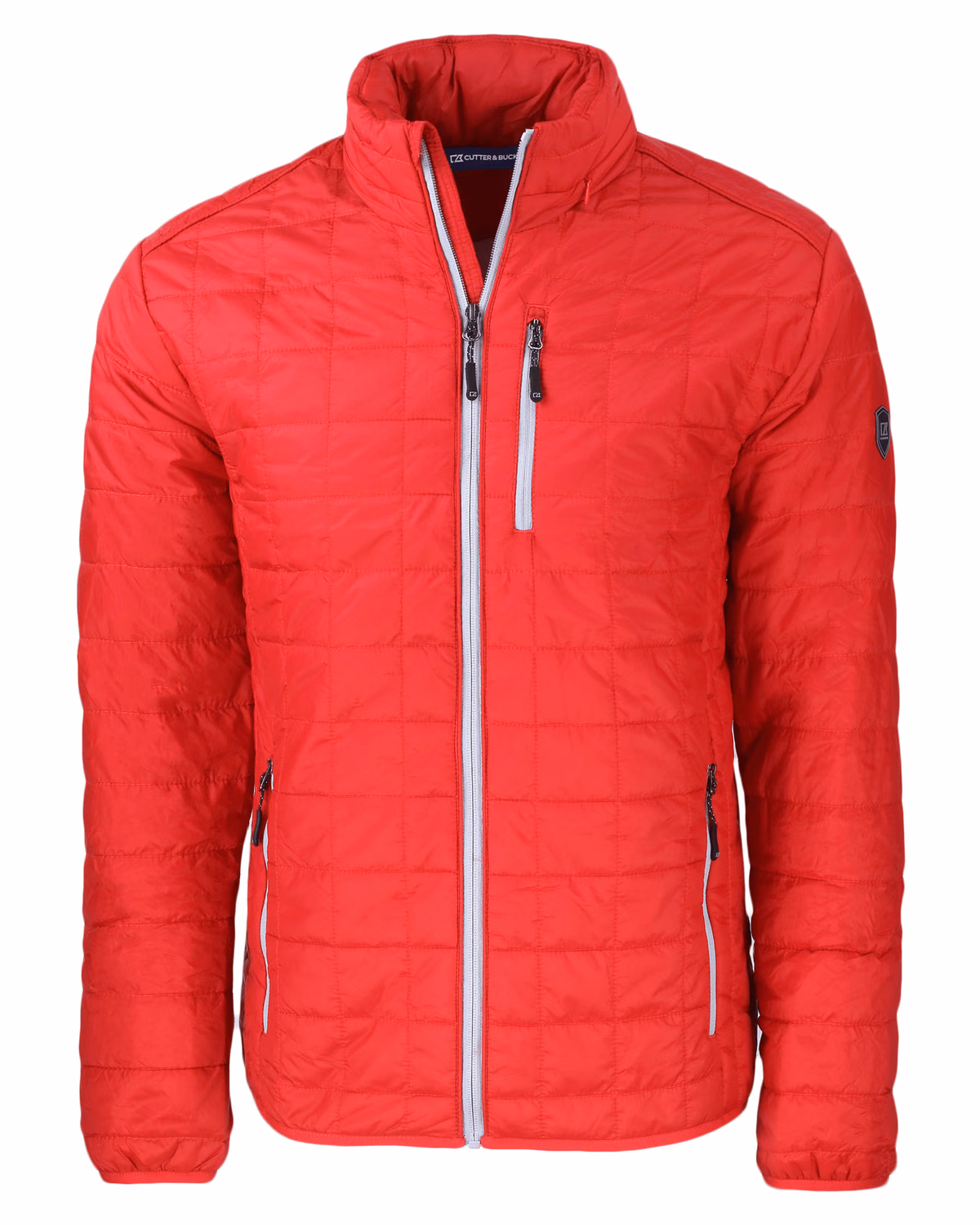 Custom Cutter & Buck Rainier Recycled Insulated Puffer Mens Full Zip Jacket — Red flat front