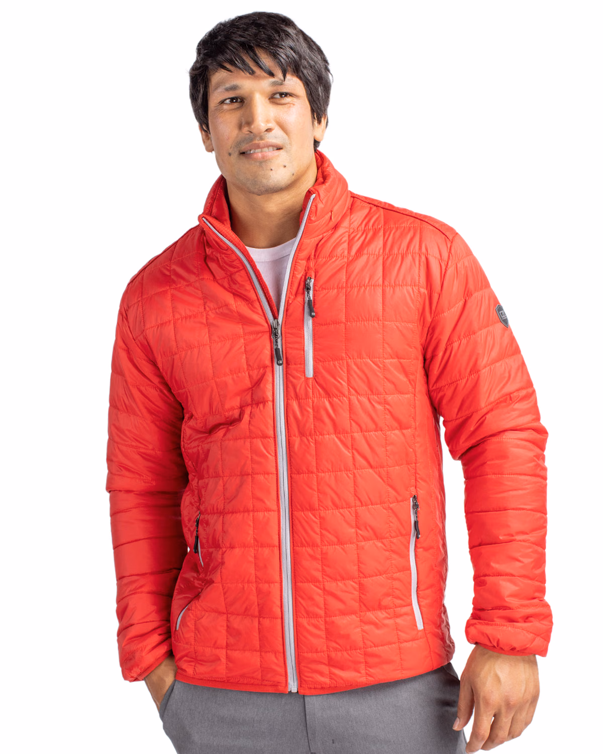 Custom Cutter & Buck Rainier Recycled Insulated Puffer Mens Full Zip Jacket — Red front