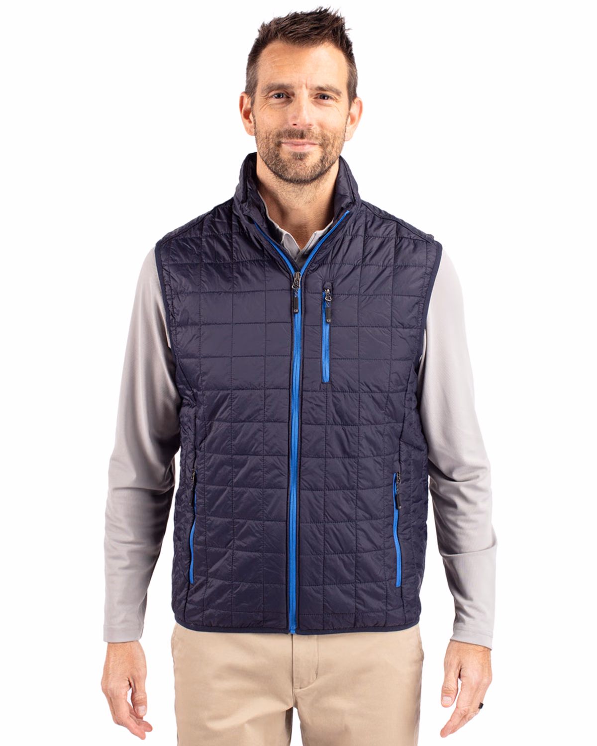 Custom Cutter & Buck Rainier Recycled Insulated Puffer Mens Full Zip Vest — Dark Navy front