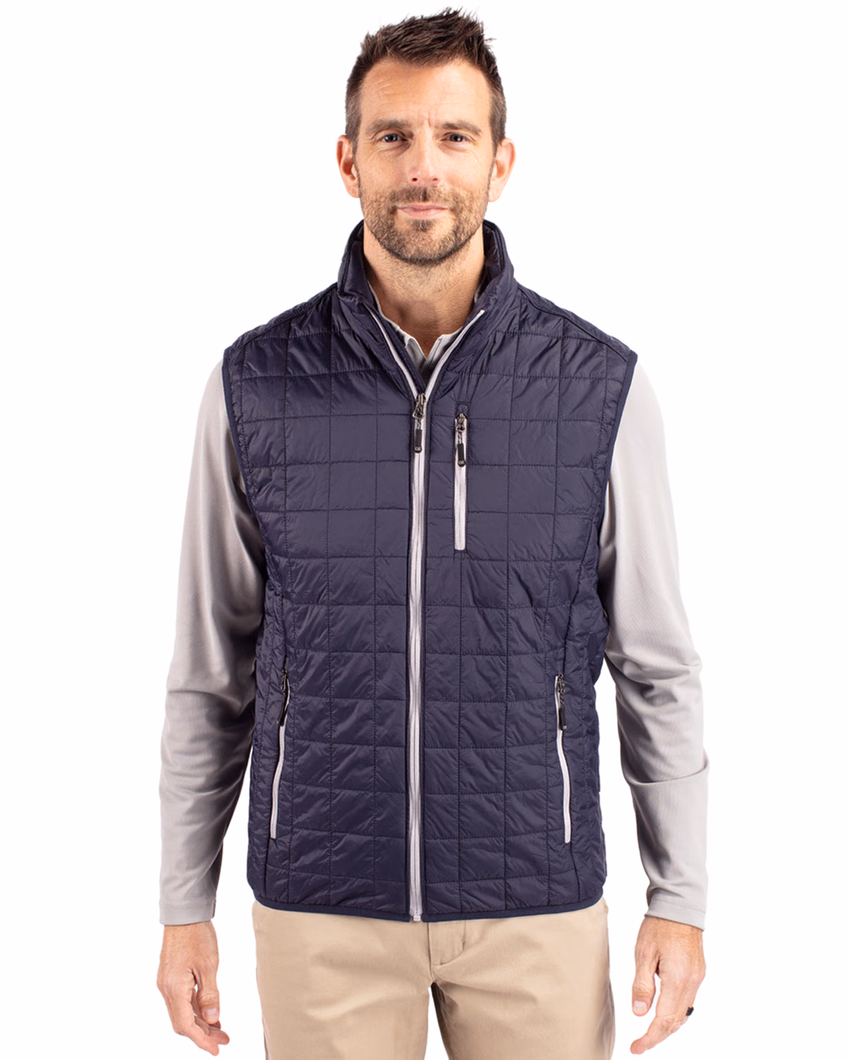Custom Cutter & Buck Rainier Recycled Insulated Puffer Mens Full Zip Vest — Dark Navy/Silver front