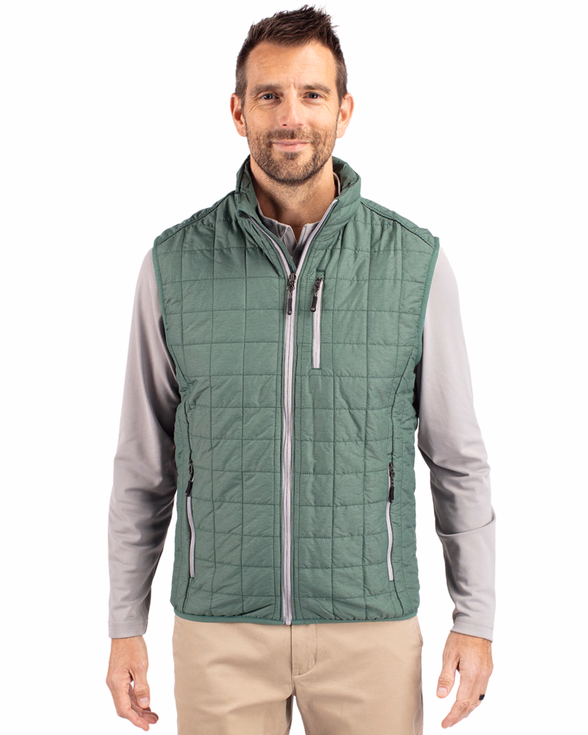 Custom Cutter & Buck Rainier Recycled Insulated Puffer Mens Full Zip Vest — Hunter Melange front