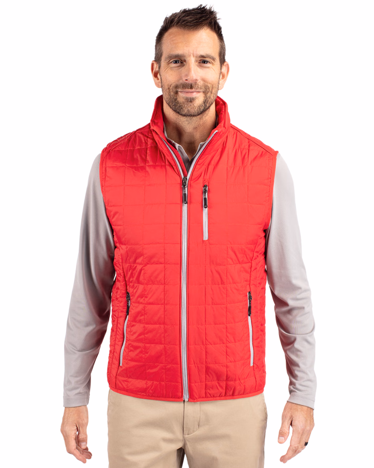 Custom Cutter & Buck Rainier Recycled Insulated Puffer Mens Full Zip Vest — Red front