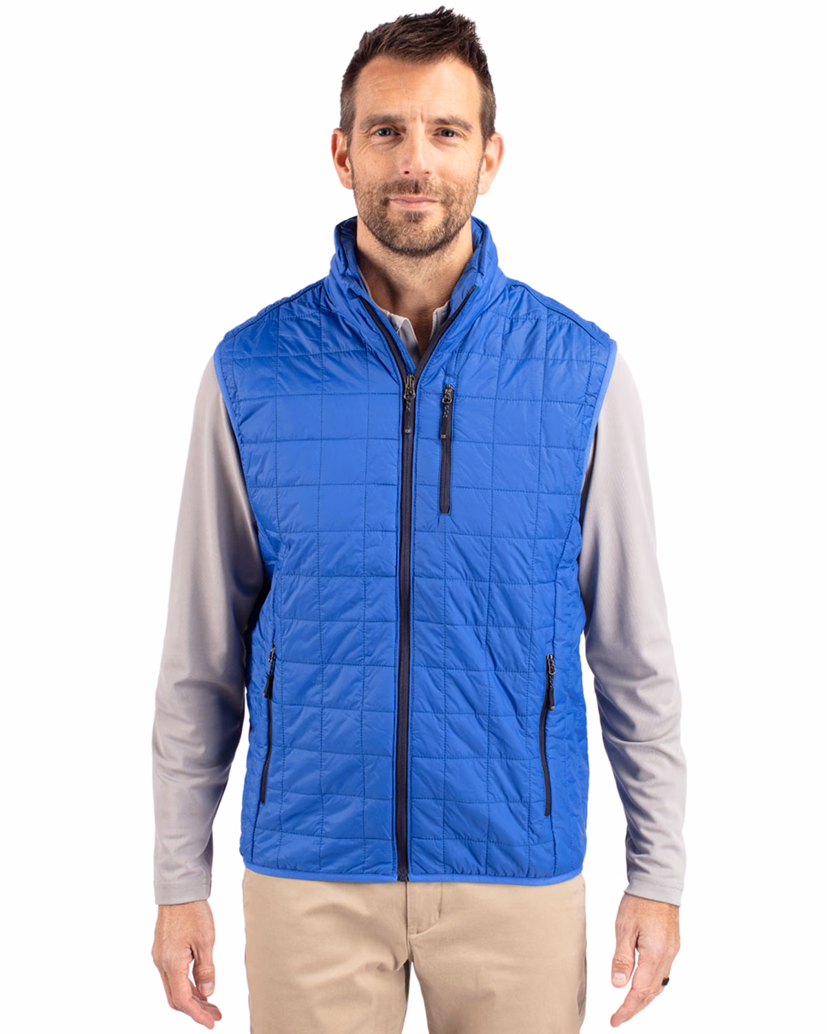 Custom Cutter & Buck Rainier Recycled Insulated Puffer Mens Full Zip Vest — Royal front