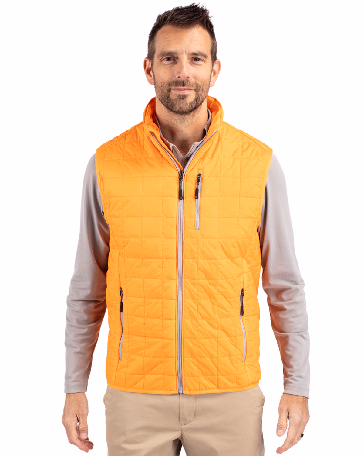Custom Cutter & Buck Rainier Recycled Insulated Puffer Mens Full Zip Vest — Satsuma front