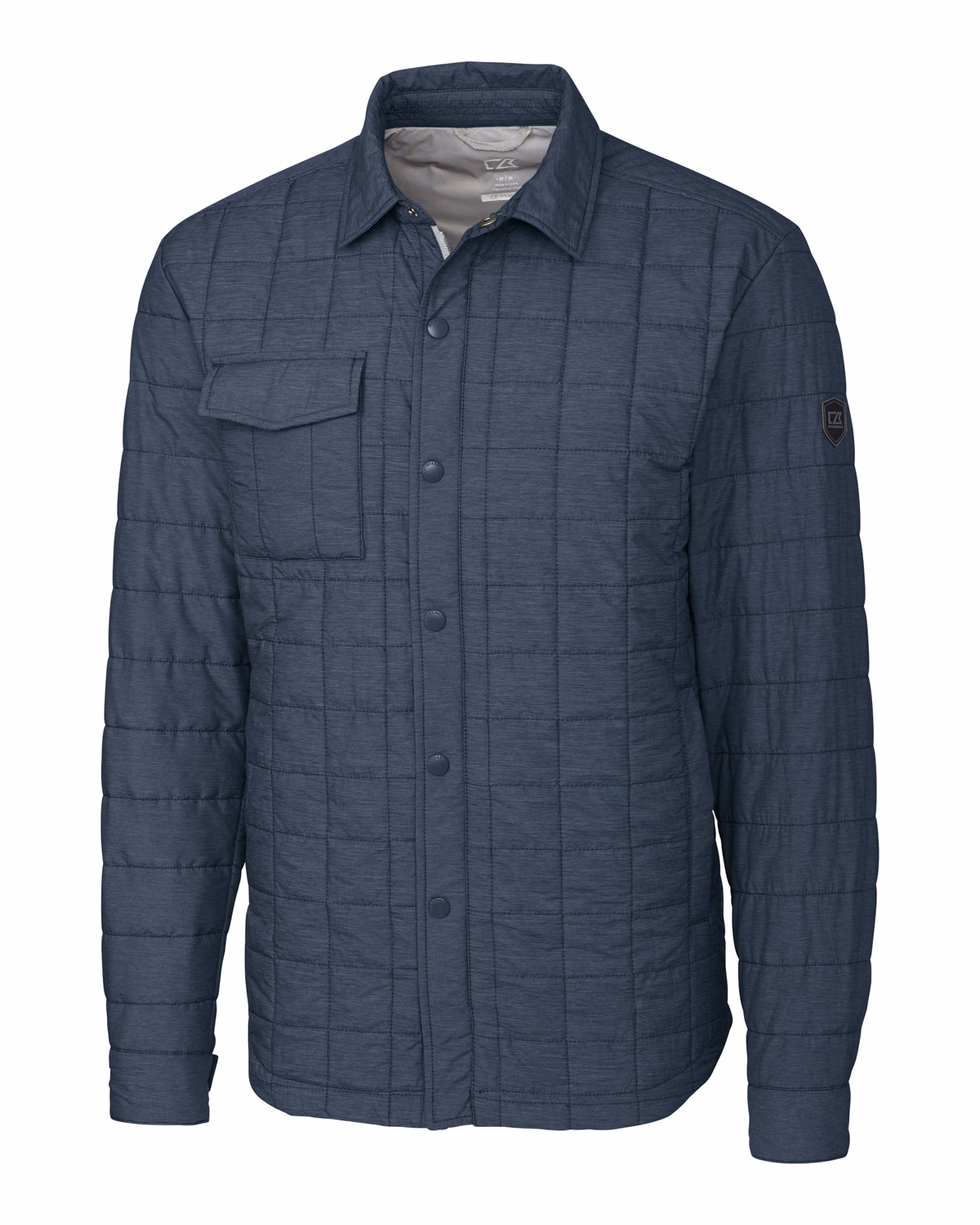 Custom Cutter & Buck Rainier Recycled Insulated Puffer Mens Full Zip Shirt Jacket — Anthracite Melange flat front