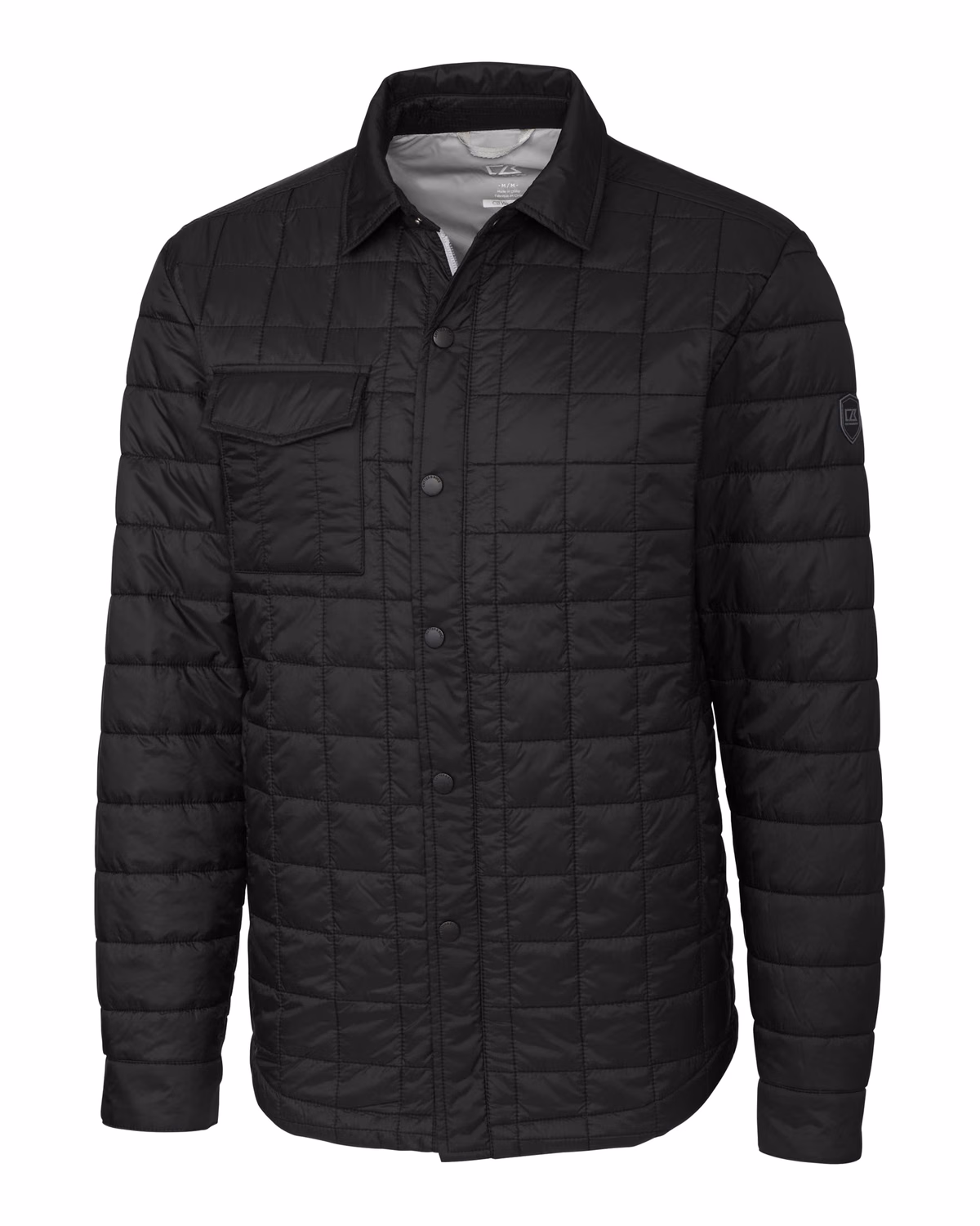 Custom Cutter & Buck Rainier Recycled Insulated Puffer Mens Full Zip Shirt Jacket — Black flat front