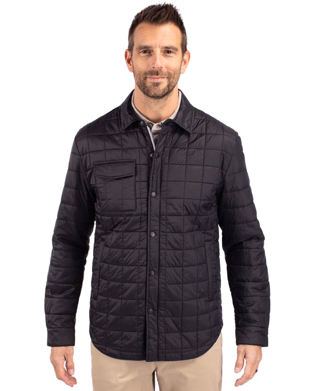 Custom Cutter & Buck Rainier Recycled Insulated Puffer Mens Full Zip Shirt Jacket — Black front