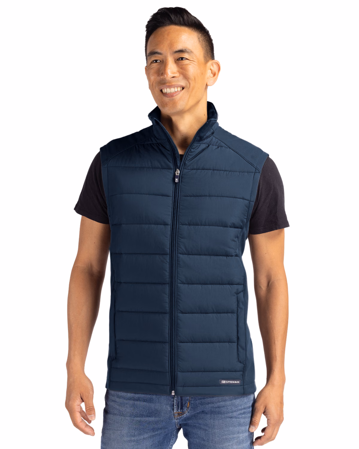 Custom Cutter & Buck Evoke Recycled Honeycomb Fleece Mens Hybrid Full Zip Vest — Navy Blue front