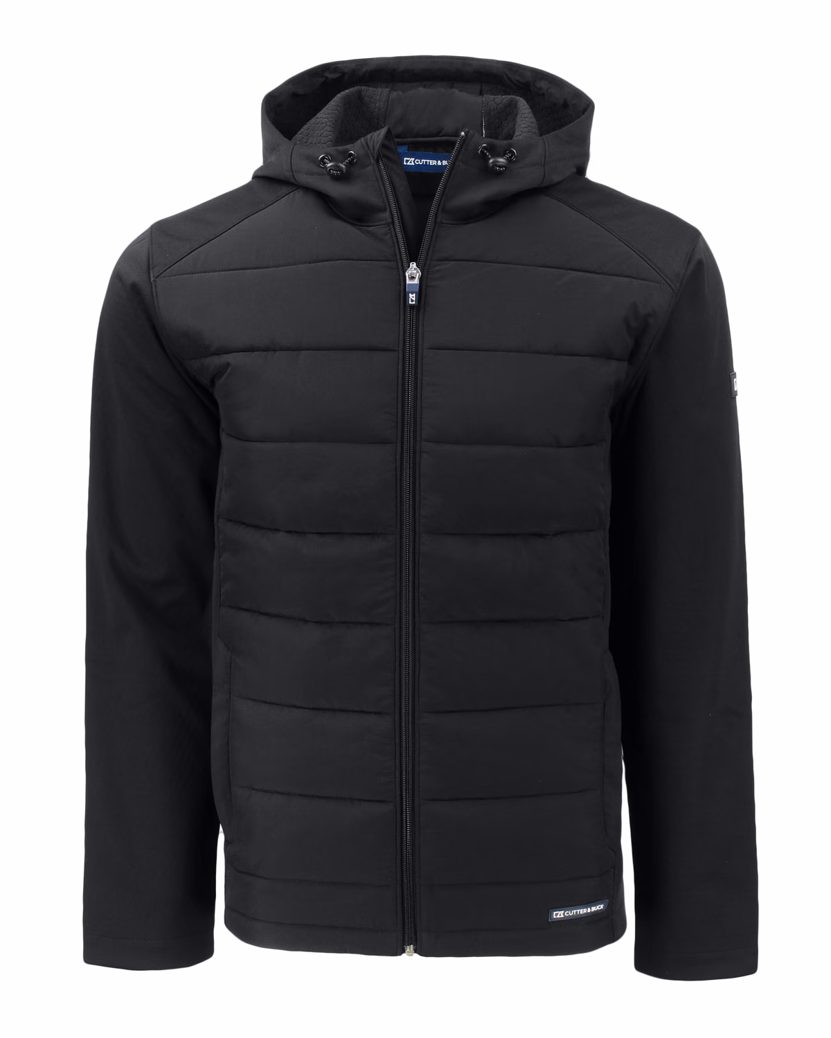 Custom Cutter & Buck Evoke Recycled Honeycomb Fleece Mens Hybrid Full Zip Jacket — Black flat front