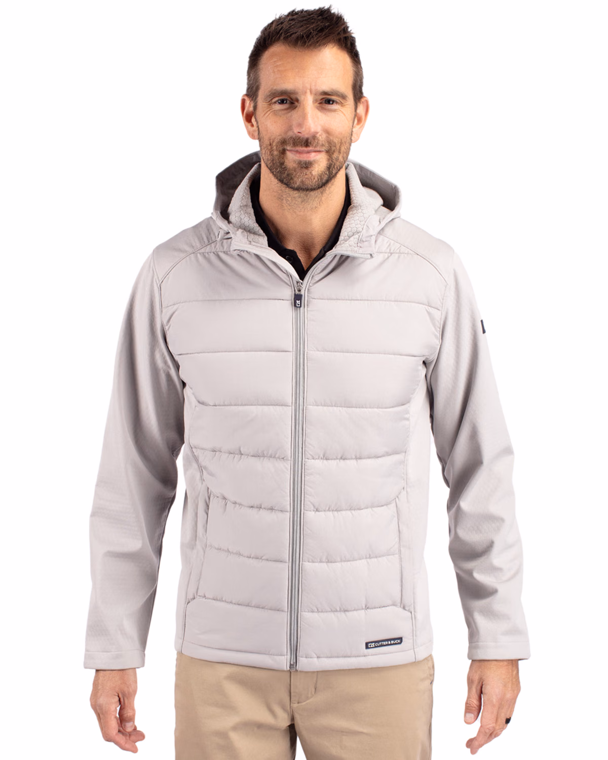 Custom Cutter & Buck Evoke Recycled Honeycomb Fleece Mens Hybrid Full Zip Jacket — CONCRETE front