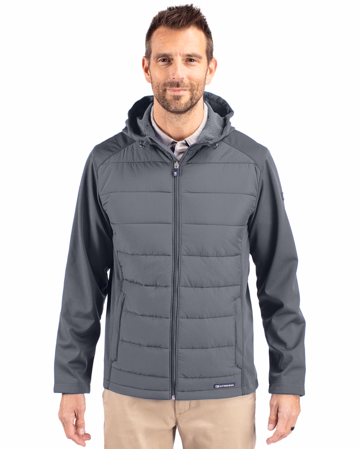 Custom Cutter & Buck Evoke Recycled Honeycomb Fleece Mens Hybrid Full Zip Jacket — Elemental Grey front