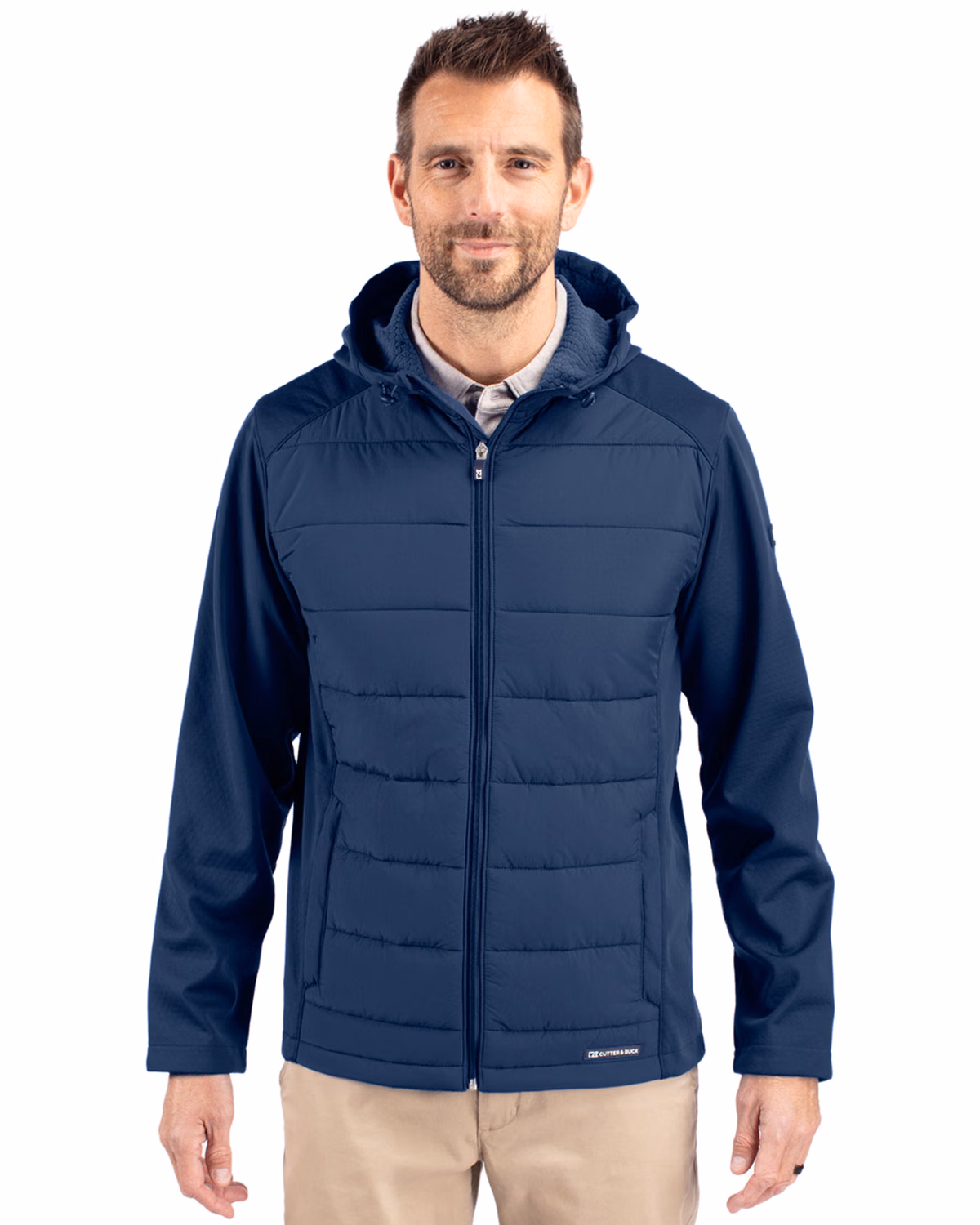Custom Cutter & Buck Evoke Recycled Honeycomb Fleece Mens Hybrid Full Zip Jacket — Navy Blue front