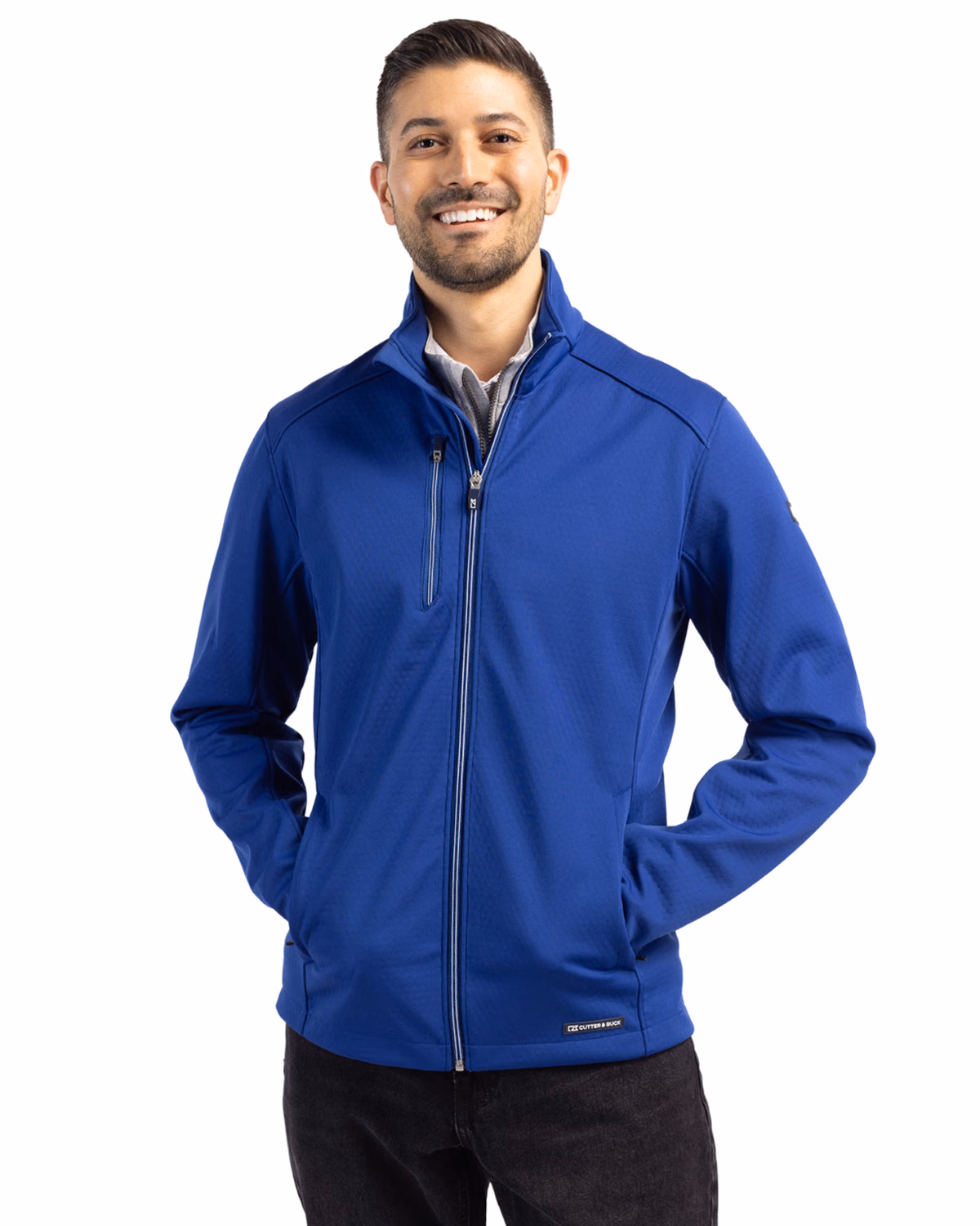 Custom Cutter & Buck Evoke Recycled Honeycomb Fleece Mens Full Zip Jacket — Tour Blue front