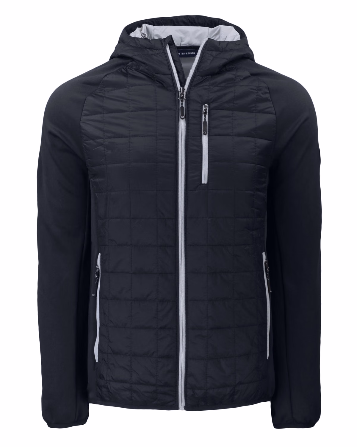 Custom Cutter & Buck Rainier Recycled Insulated Hybrid Puffer Mens Full Zip Jacket — Black flat front