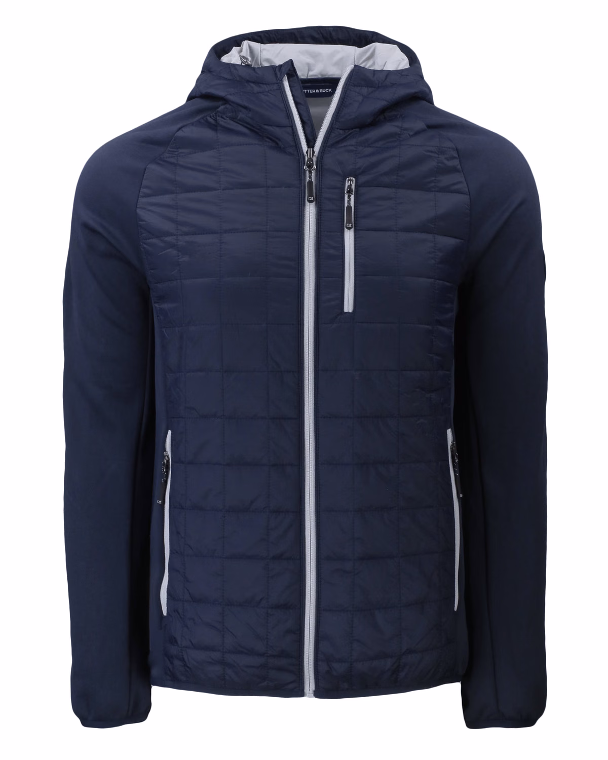Custom Cutter & Buck Rainier Recycled Insulated Hybrid Puffer Mens Full Zip Jacket — Dark Navy flat front