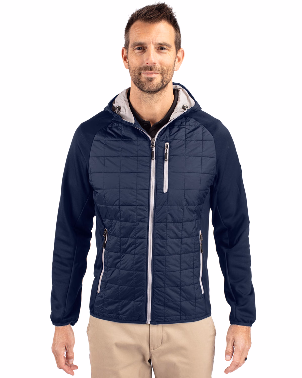 Custom Cutter & Buck Rainier Recycled Insulated Hybrid Puffer Mens Full Zip Jacket — Dark Navy front
