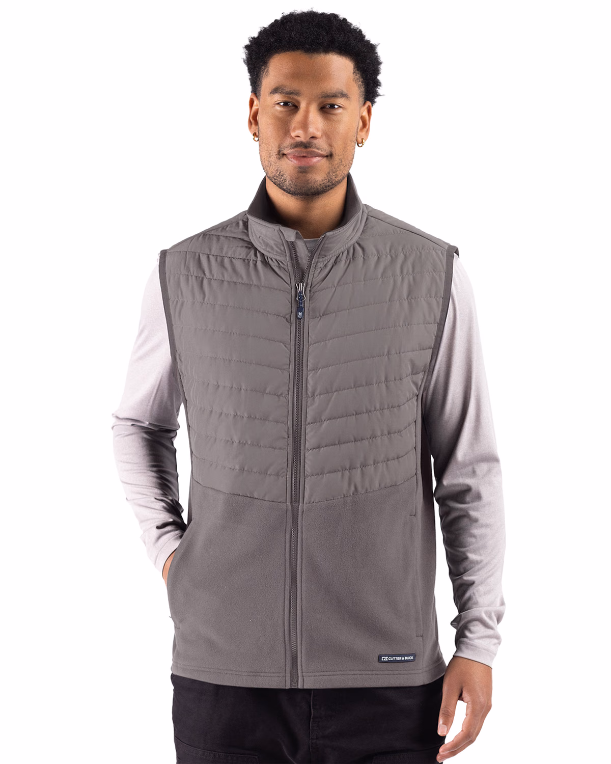 Custom Cutter & Buck Woodland Epic Versatility Recycled Insulated Hybrid Fleece Mens Full Zip Vest — Elemental Grey front