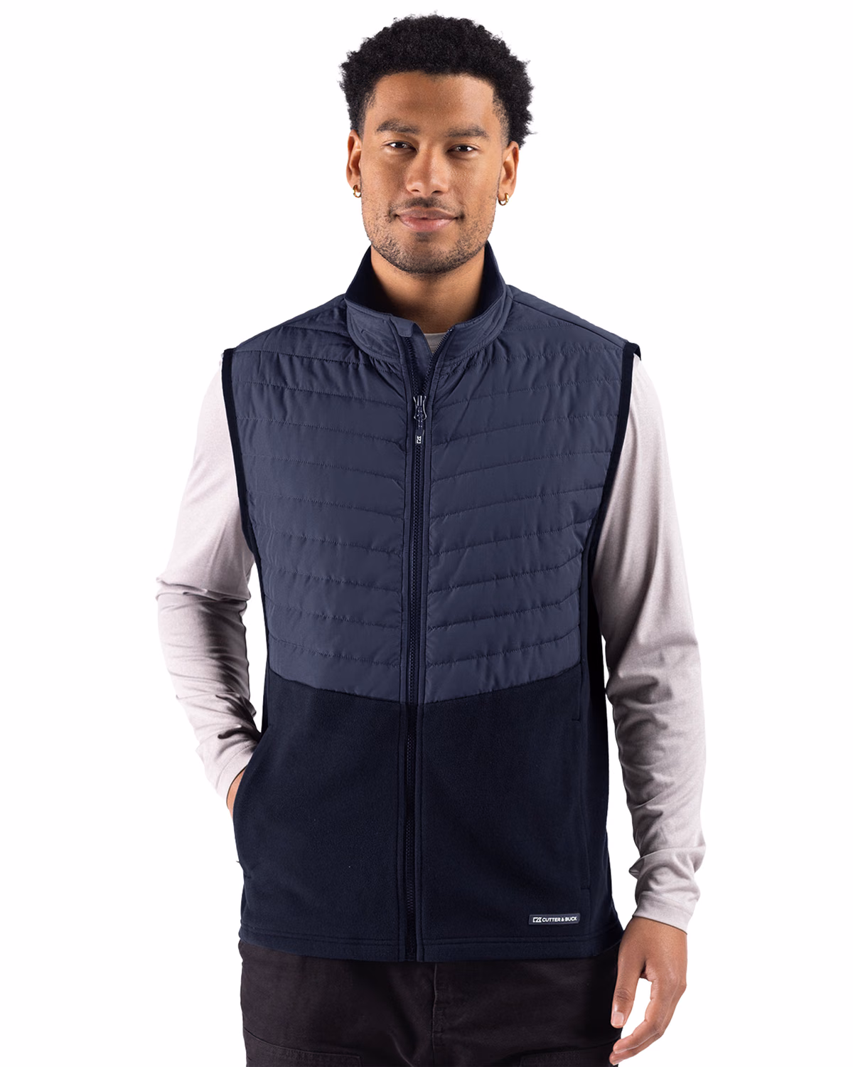 Custom Cutter & Buck Woodland Epic Versatility Recycled Insulated Hybrid Fleece Mens Full Zip Vest — Navy Blue front