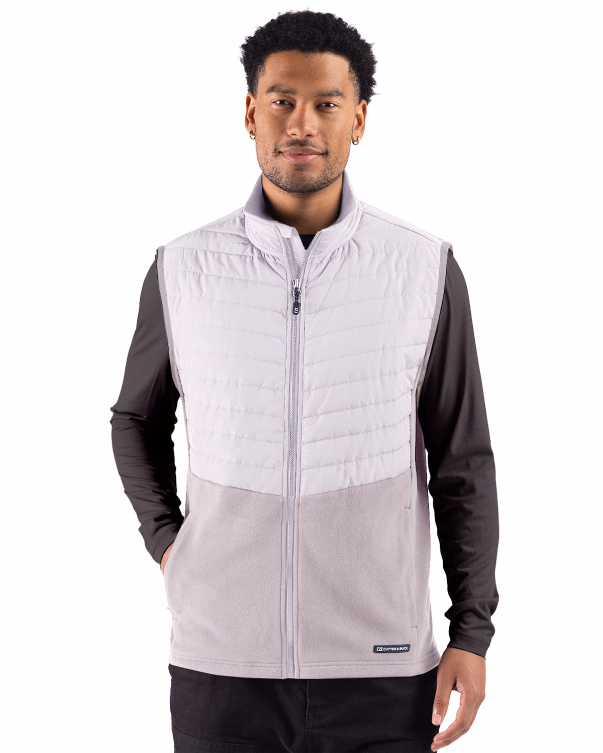 Custom Cutter & Buck Woodland Epic Versatility Recycled Insulated Hybrid Fleece Mens Full Zip Vest — Solitaire front
