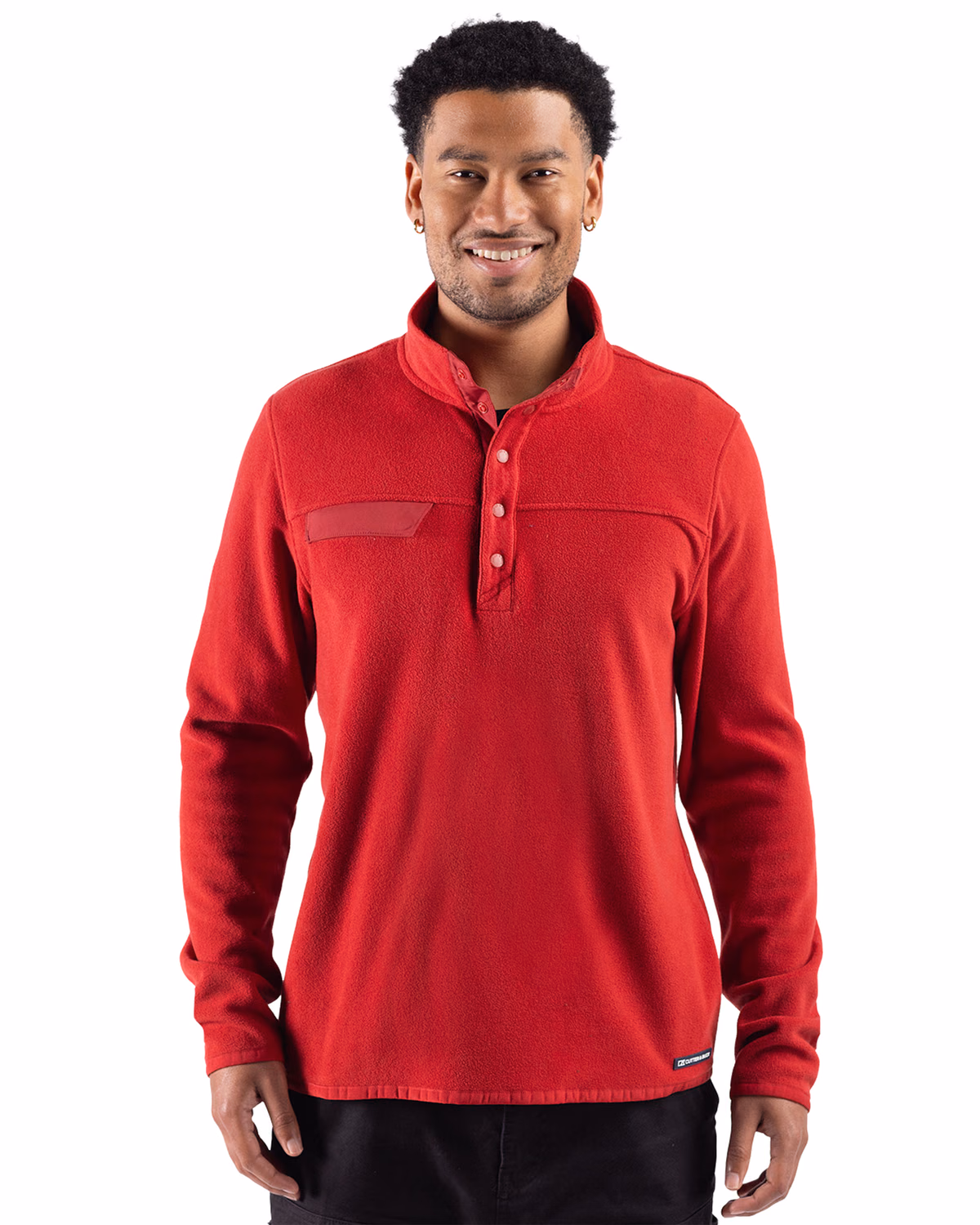 Custom Cutter & Buck Woodland Epic Versatility Recycled Fleece Mens Snap Pullover Jacket — Cardinal Red front