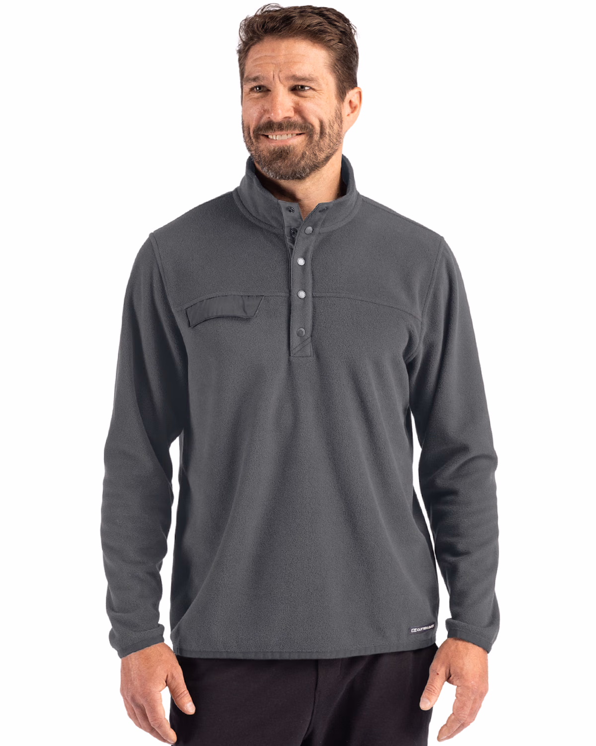 Custom Cutter & Buck Woodland Epic Versatility Recycled Fleece Mens Snap Pullover Jacket — Elemental Grey front
