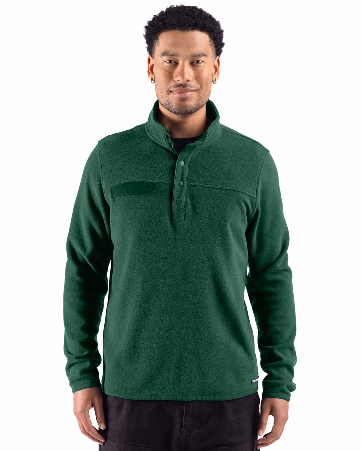 Custom Cutter & Buck Woodland Epic Versatility Recycled Fleece Mens Snap Pullover Jacket — Hunter front