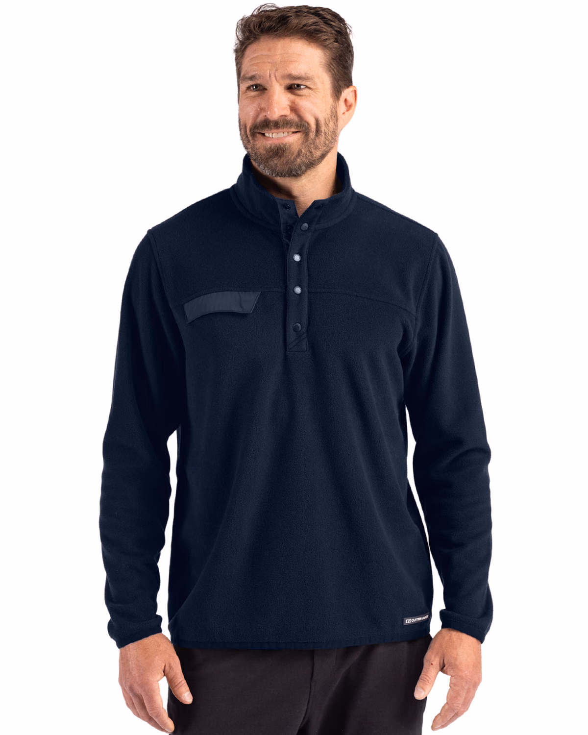 Custom Cutter & Buck Woodland Epic Versatility Recycled Fleece Mens Snap Pullover Jacket — Navy Blue front