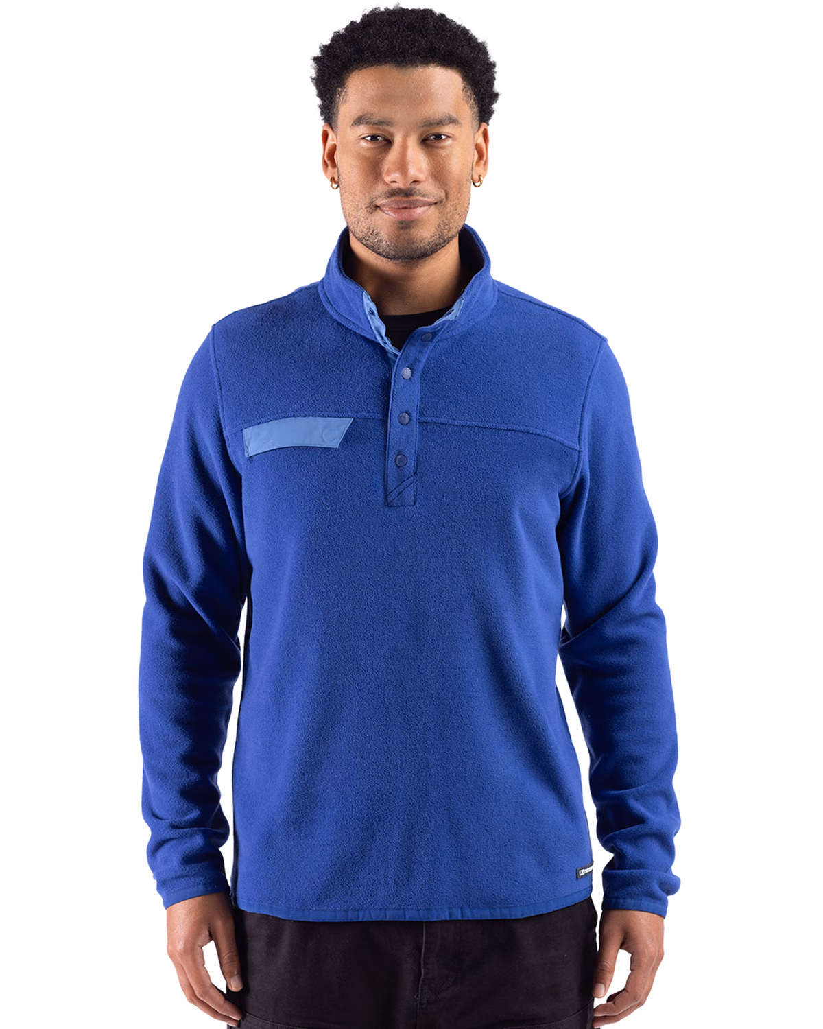 Custom Cutter & Buck Woodland Epic Versatility Recycled Fleece Mens Snap Pullover Jacket — Tour Blue front
