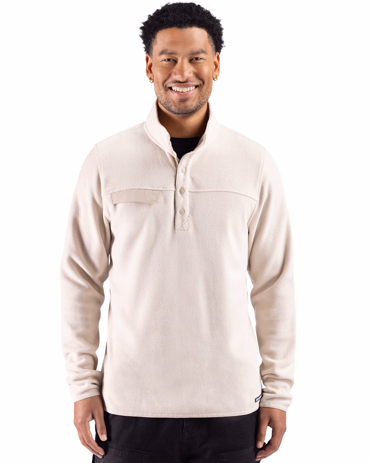 Custom Cutter & Buck Woodland Epic Versatility Recycled Fleece Mens Snap Pullover Jacket — Wheat front