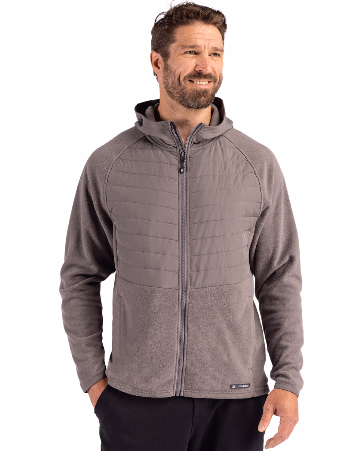 Custom Cutter & Buck Woodland Epic Versatility Recycled Insulated Fleece Mens Full Zip Jacket — Elemental Grey front