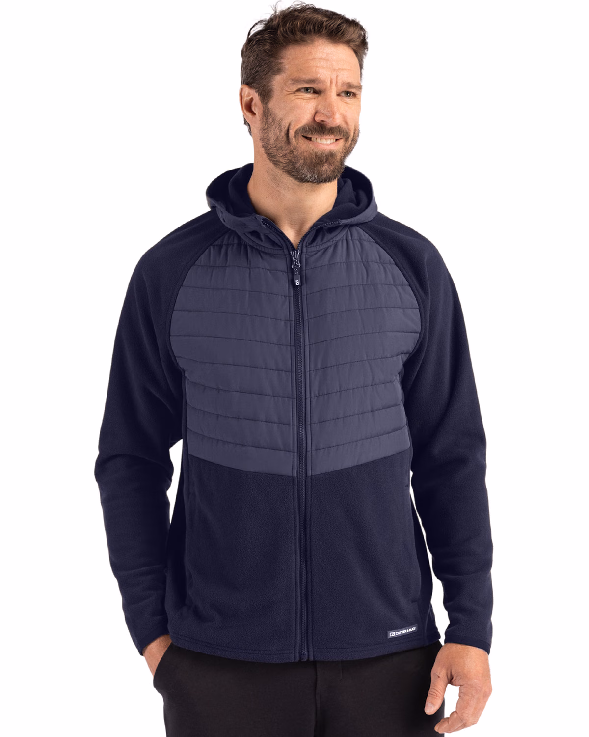 Custom Cutter & Buck Woodland Epic Versatility Recycled Insulated Fleece Mens Full Zip Jacket — Navy Blue front