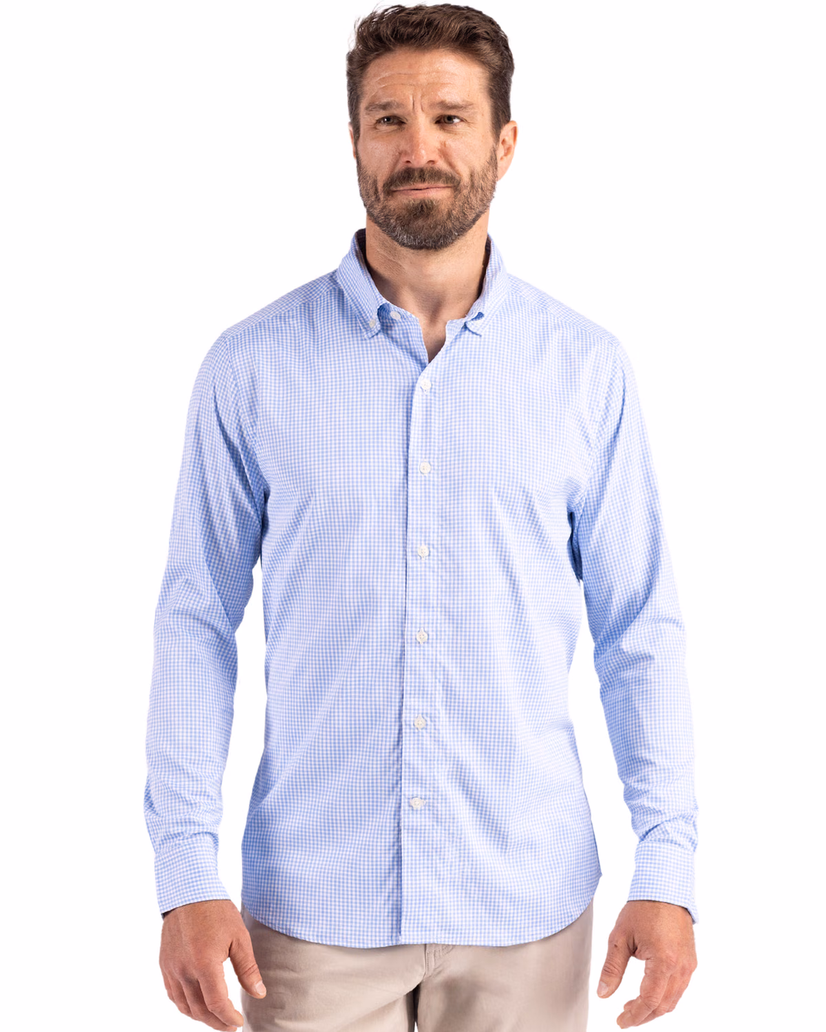 Custom Cutter & Buck Skyline Recycled Gingham Mens Long Sleeve Button Down Dress Shirt