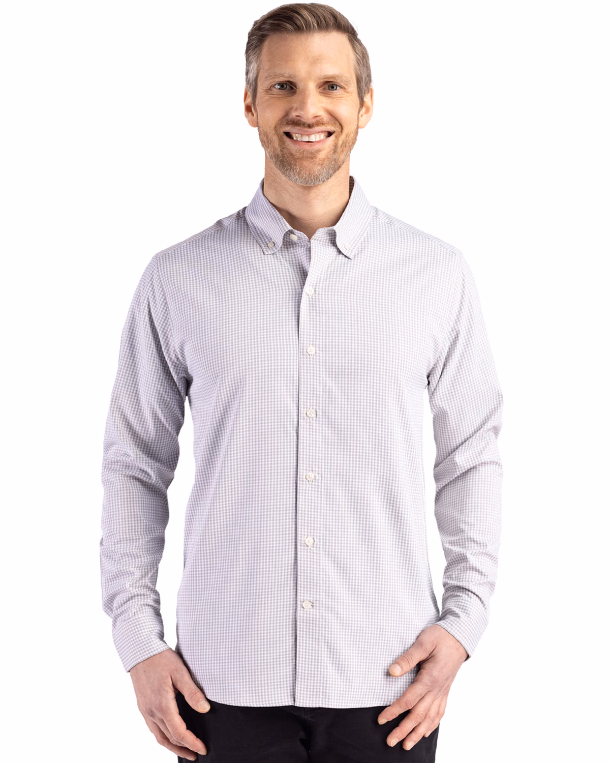 Custom Cutter & Buck Skyline Recycled Gingham Mens Long Sleeve Button Down Dress Shirt — CONCRETE/White front