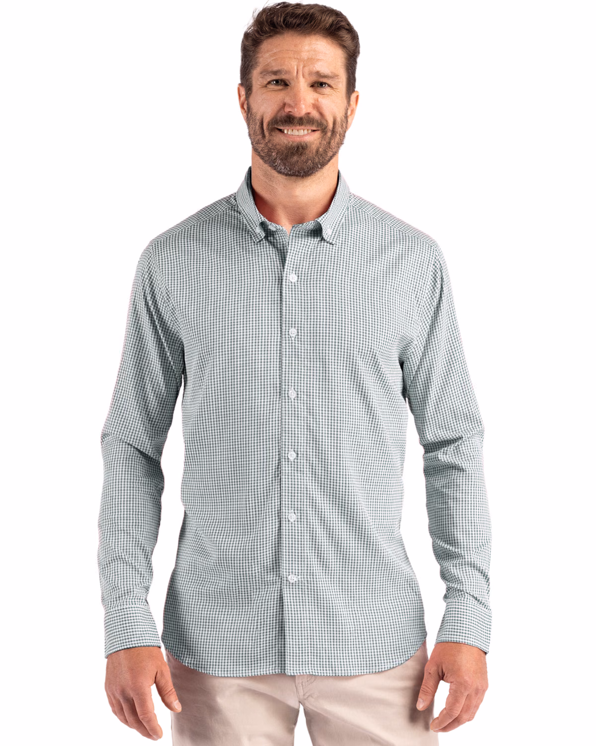 Custom Cutter & Buck Skyline Recycled Gingham Mens Long Sleeve Button Down Dress Shirt — Hunter/White front