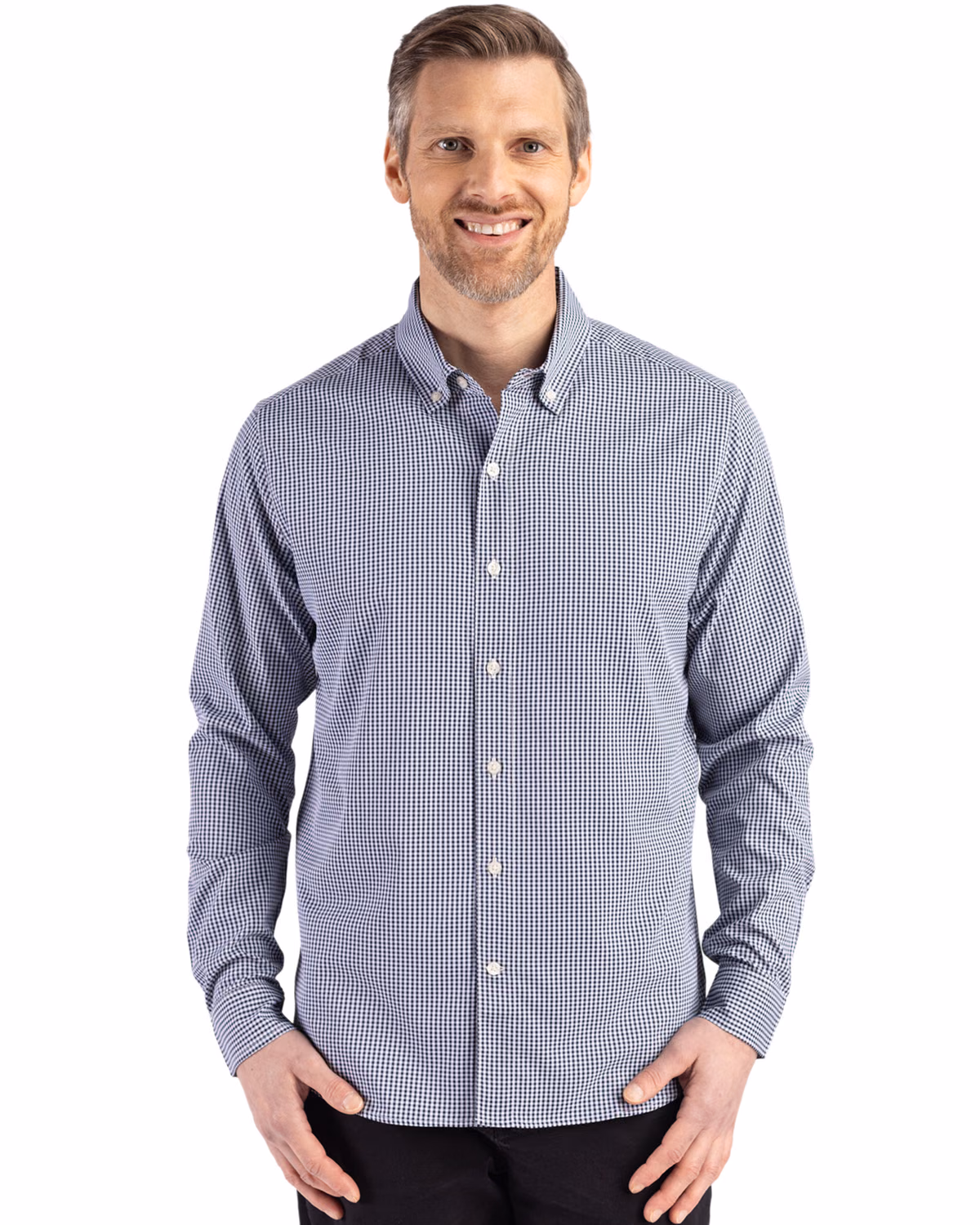 Custom Cutter & Buck Skyline Recycled Gingham Mens Long Sleeve Button Down Dress Shirt — Navy Blue/White front